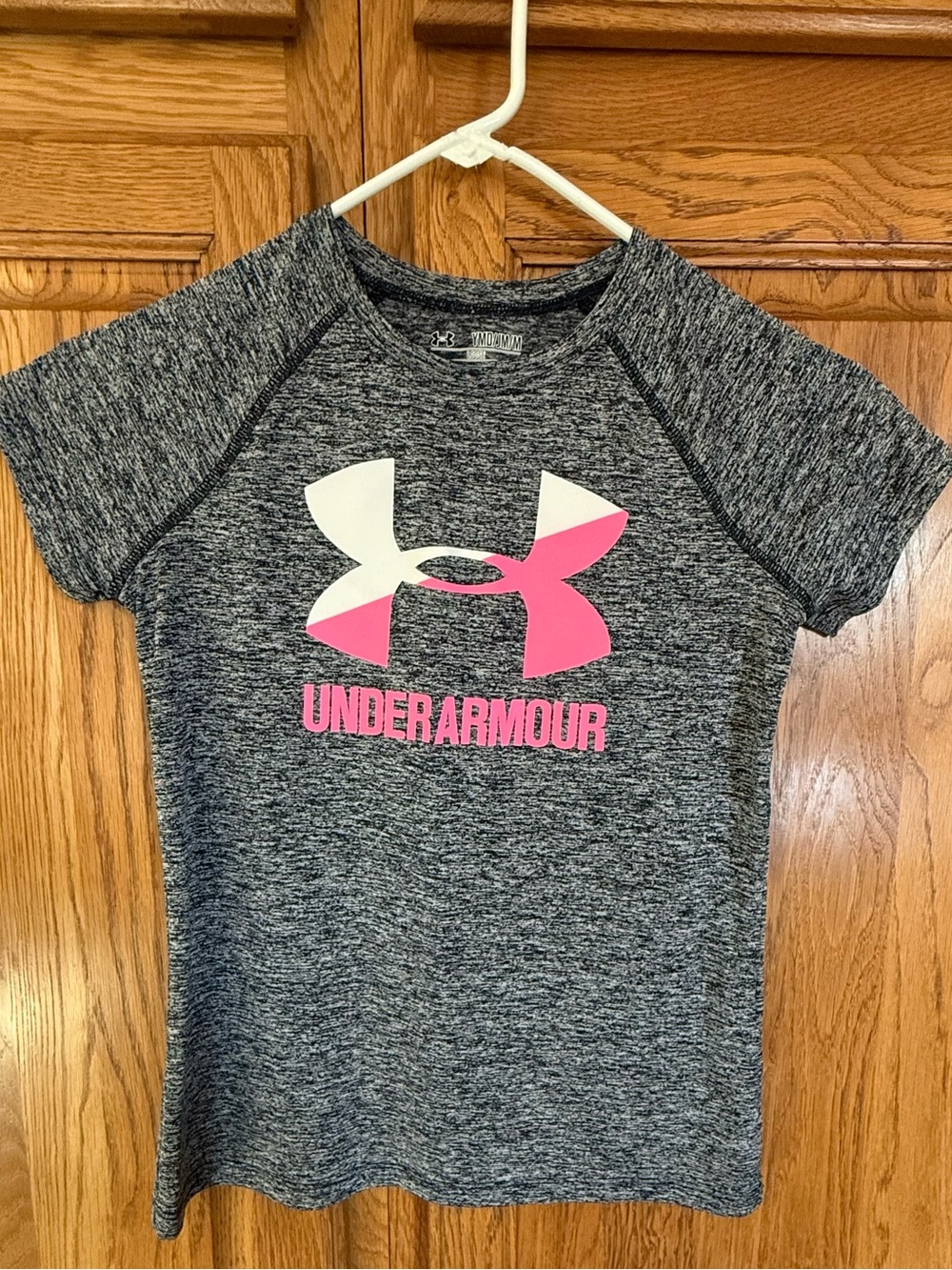 Girls Under Armour Grey Heather Short Sleeve Tee with Pink & White Logo